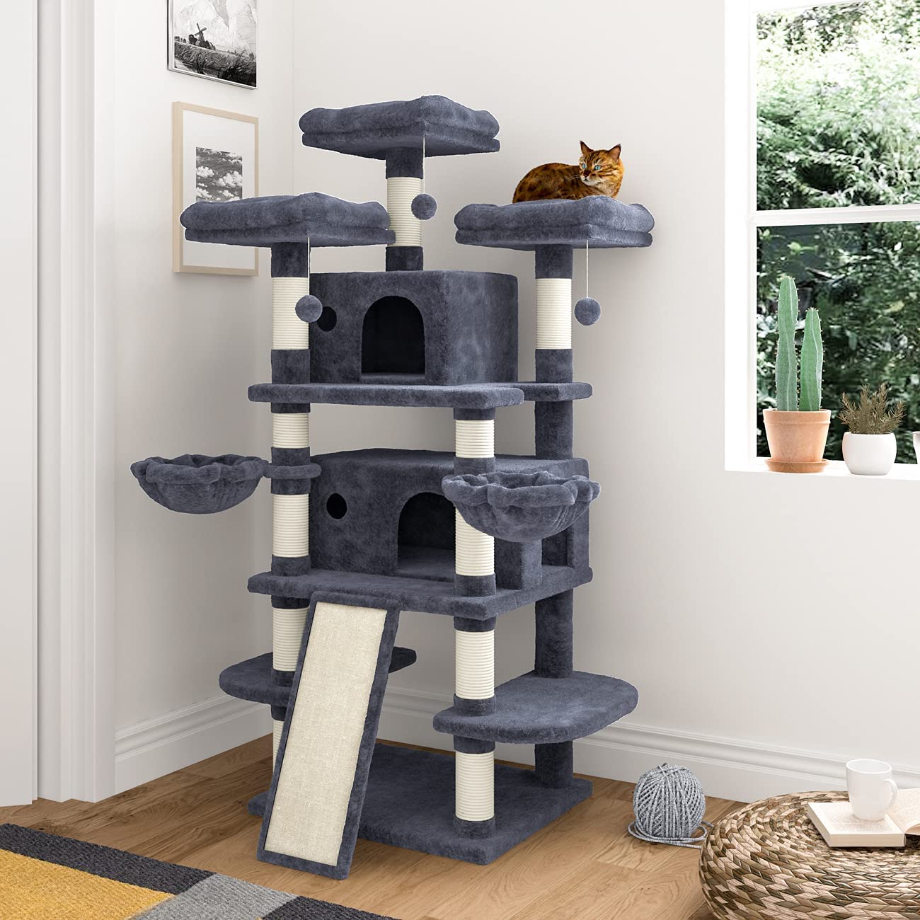 Design Considerations for Cat Trees for Large Cats: Sturdy Construction, Wide Platforms, Spaced Scratching Posts, and Interactive Elements