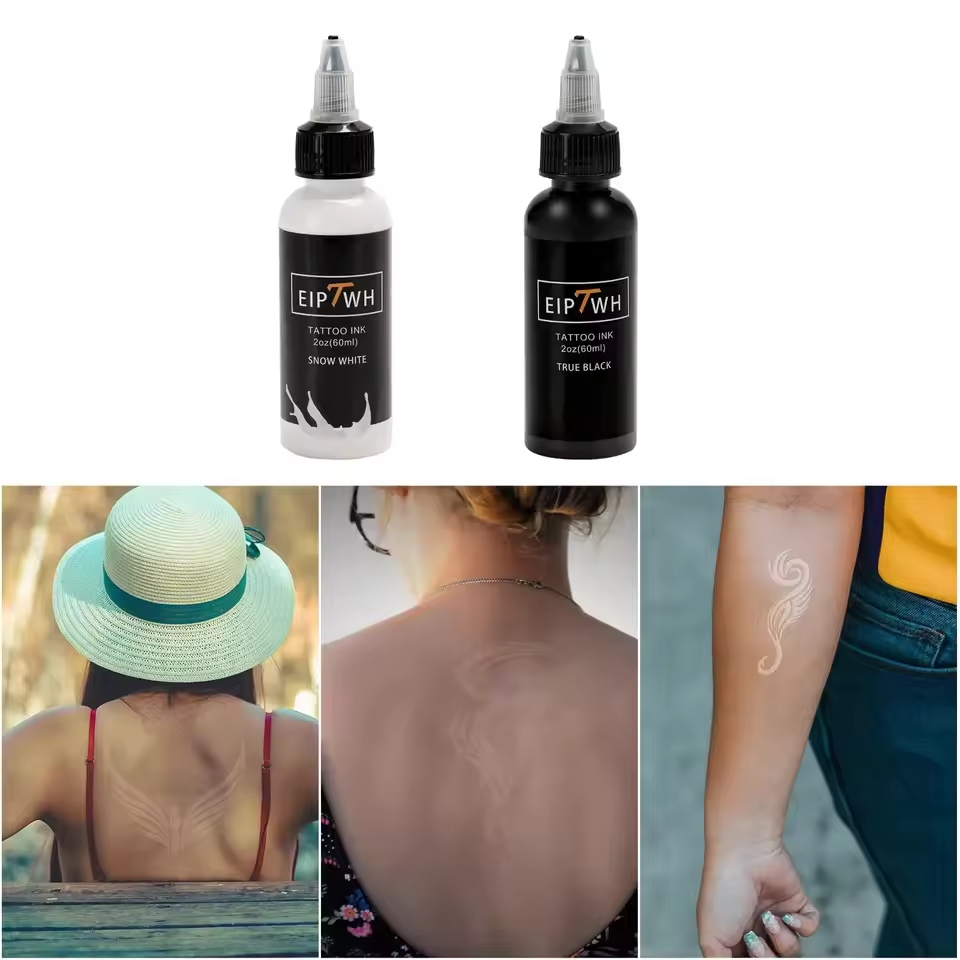 A white ink tattoo uses a special ink that appears nearly invisible on fair skin.